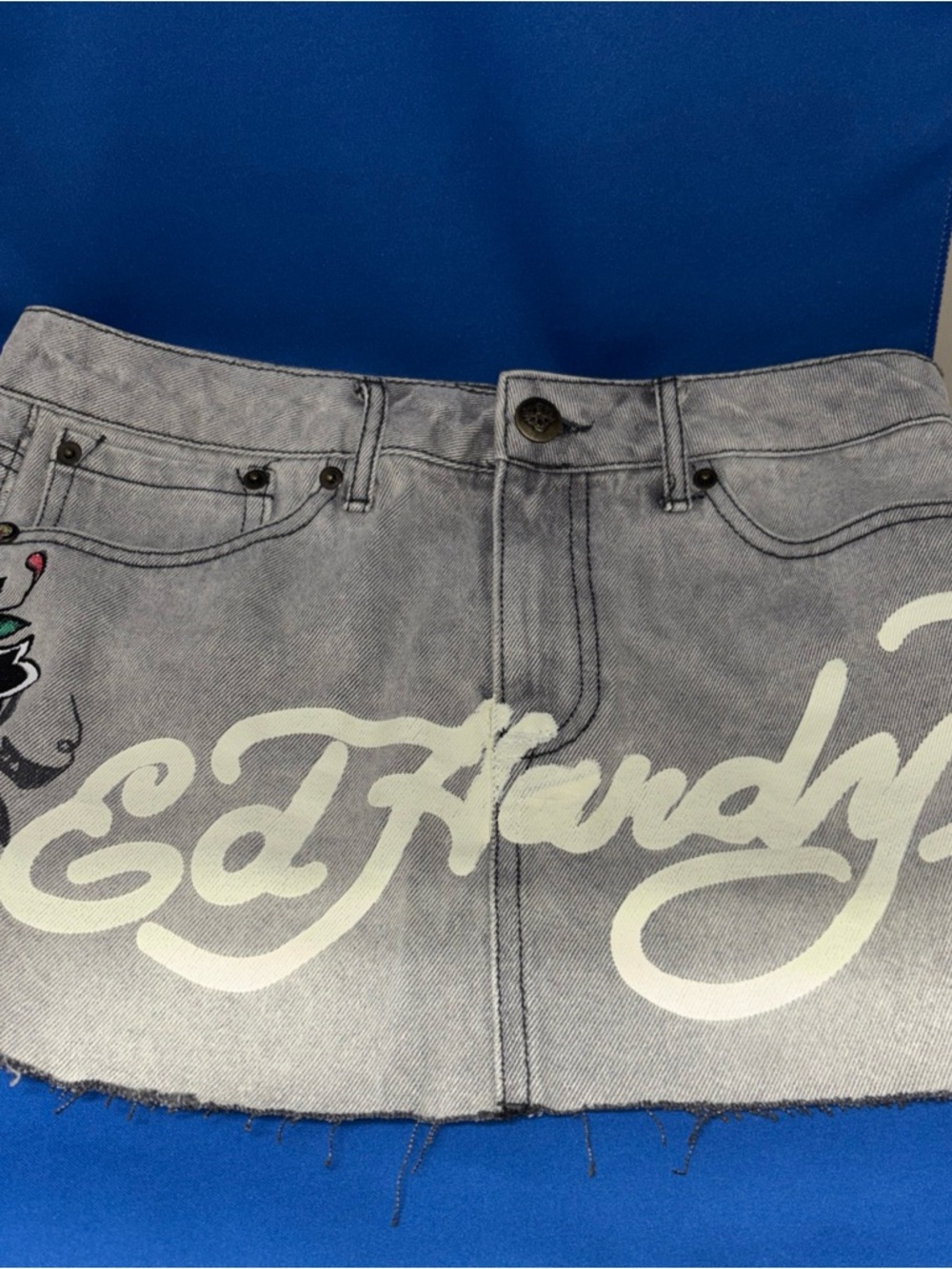 Ed Hardy Light Grey Denim Logo Mini Skort